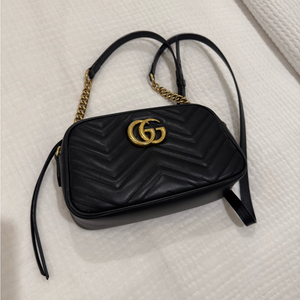 Gucci GG Marmont Small Camera Bag - Black Quilted Crossbody with Gold Accents